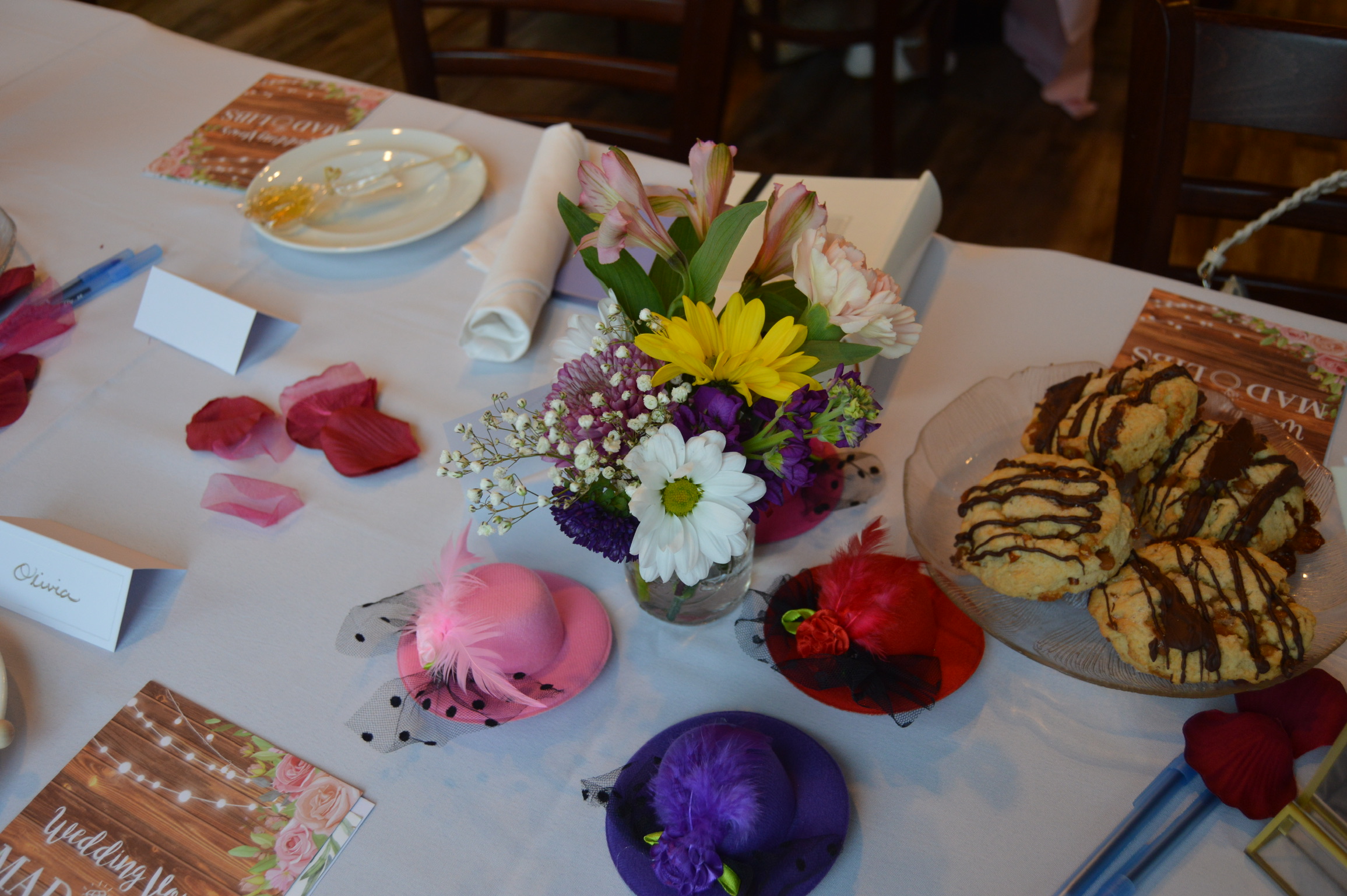 A table set up with flowers and scons.